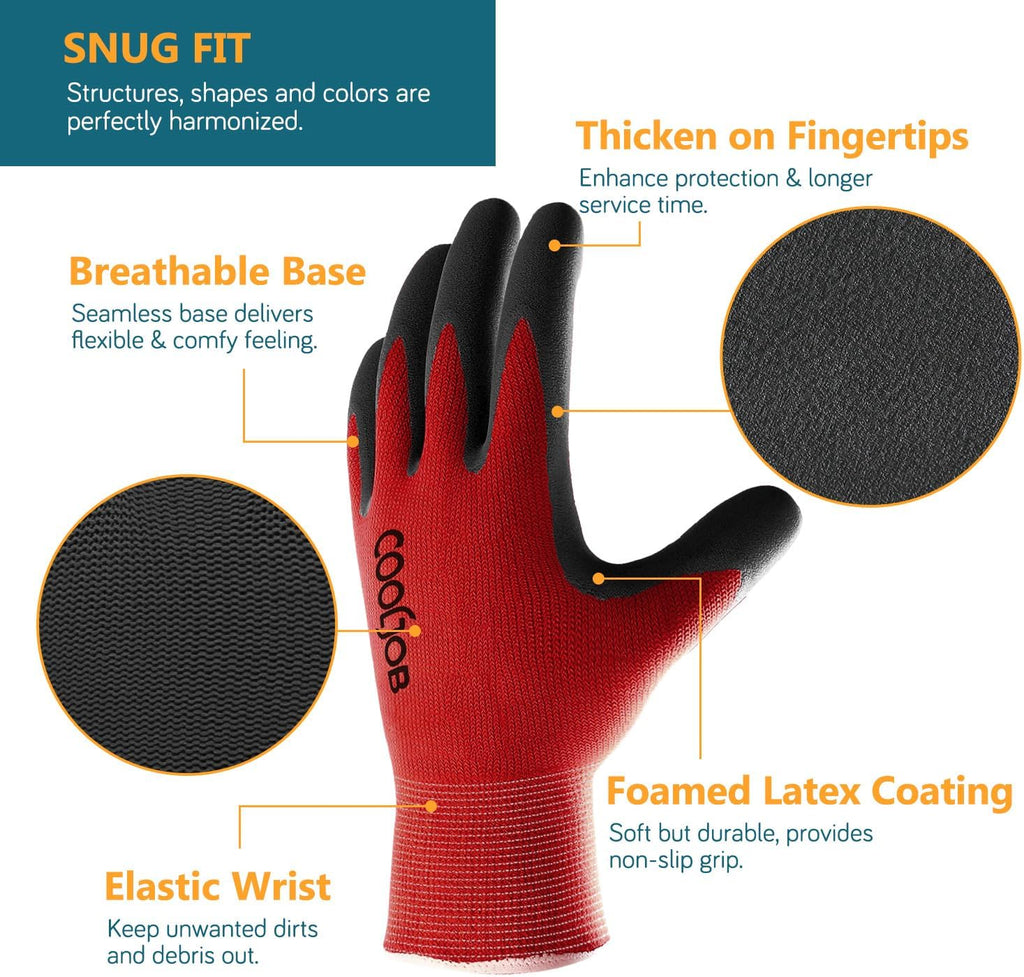 COOLJOB Gardening Gloves for Men. 6 Pairs Breathable Rubber Coated for Garden Weeding Landscaping. Outside Work for Lawn Yard. Men's Large Size. Black & Red