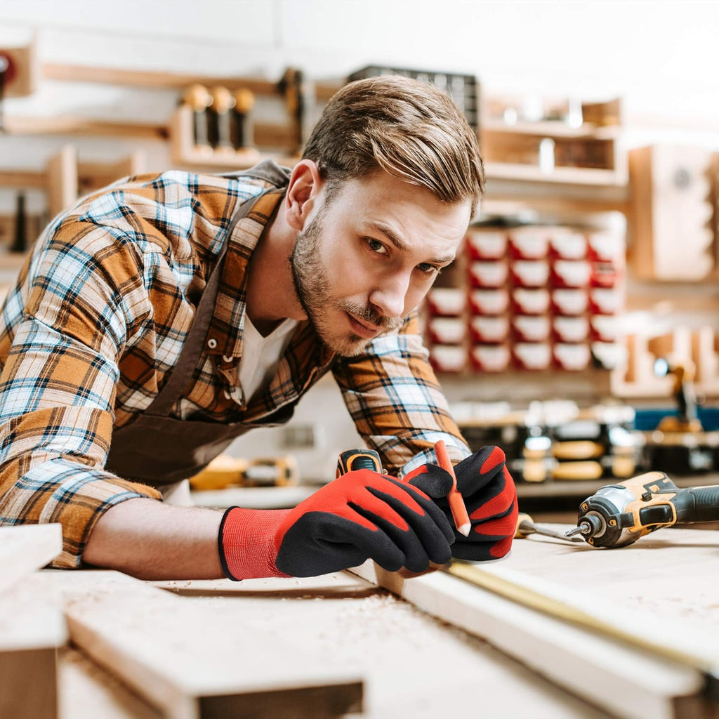 COOLJOB Gardening Gloves for Men. 6 Pairs Breathable Rubber Coated for Garden Weeding Landscaping. Outside Work for Lawn Yard. Men's Medium Size. Black & Red