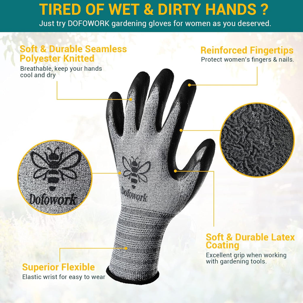 DOFOWORK Gardening Gloves - 6 Pair Gardening Gloves for Women/Men. Breathable Natural Latex Garden Gloves with Grip