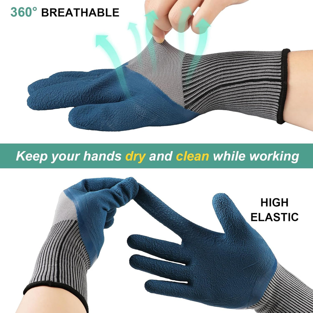 Trifabricy Garden Gloves for Women Men - 6 Pairs Breathable Hard-wearing Latex Coated Gardening Gloves for Women. Indoor/Outdoor Protective Working Gloves with Grip. Blue & Grey