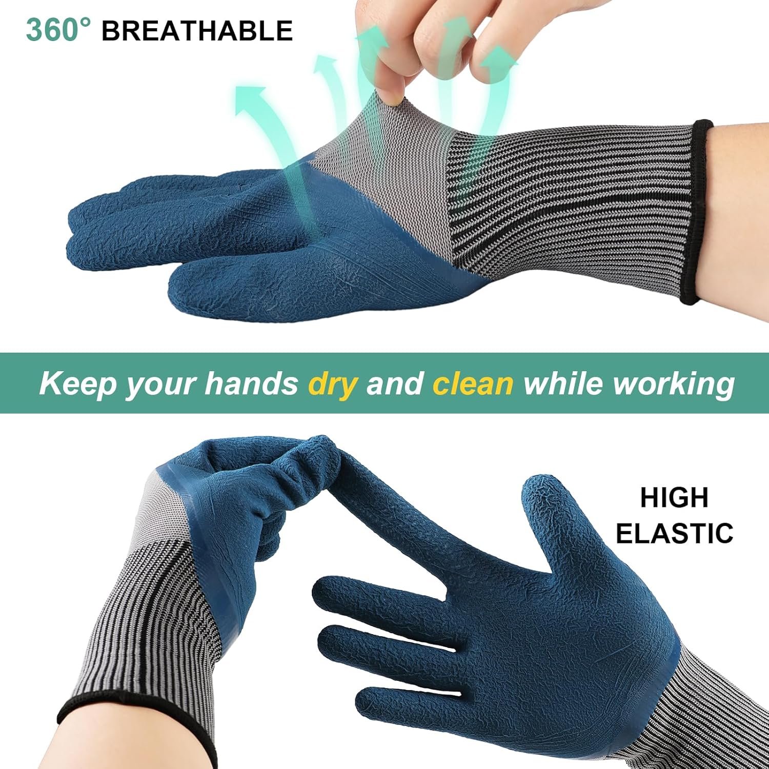 Trifabricy Garden Gloves for Women Men - 6 Pairs Breathable Hard-wearing Latex Coated Gardening Gloves for Women. Indoor/Outdoor Protective Working Gloves with Grip. Blue & Grey