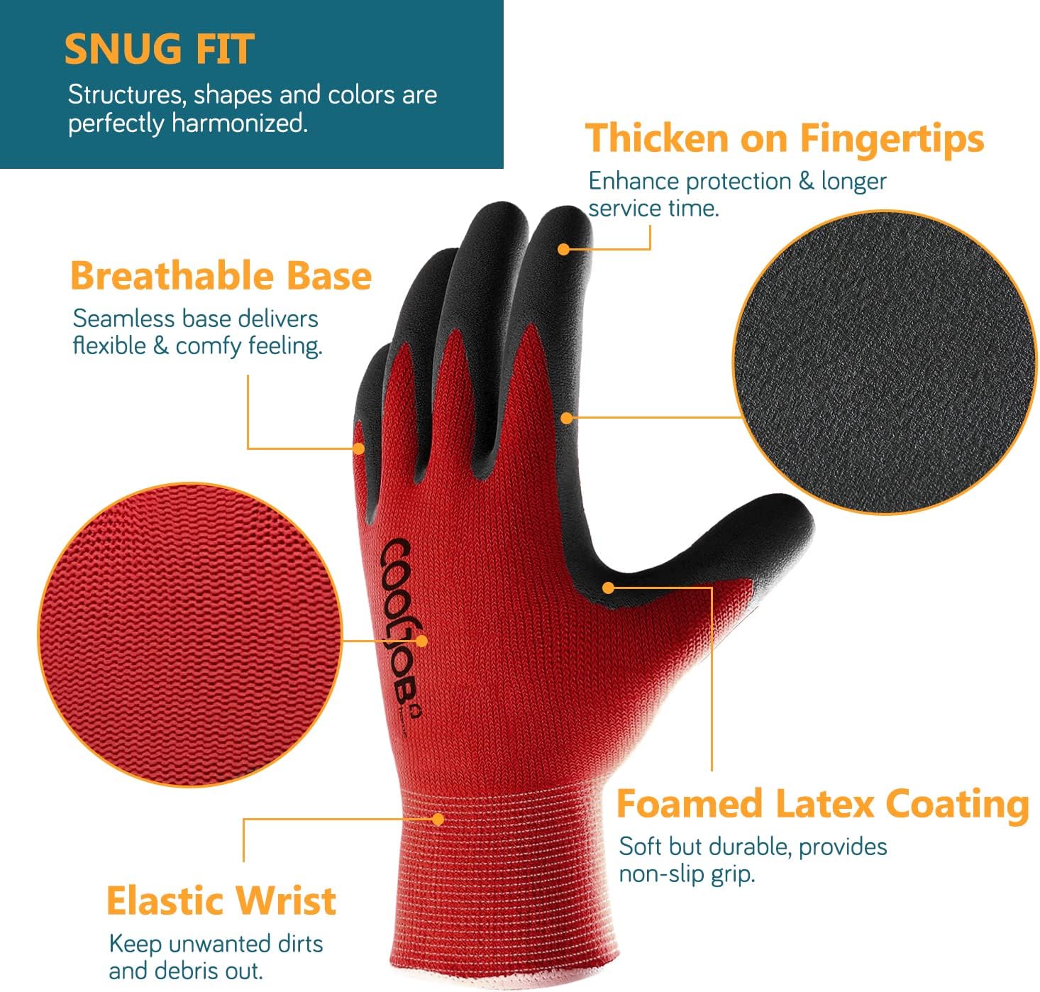 COOLJOB Gardening Gloves for Men. 6 Pairs Breathable Rubber Coated for Garden Weeding Landscaping. Outside Work for Lawn Yard. Men's Medium Size. Black & Red