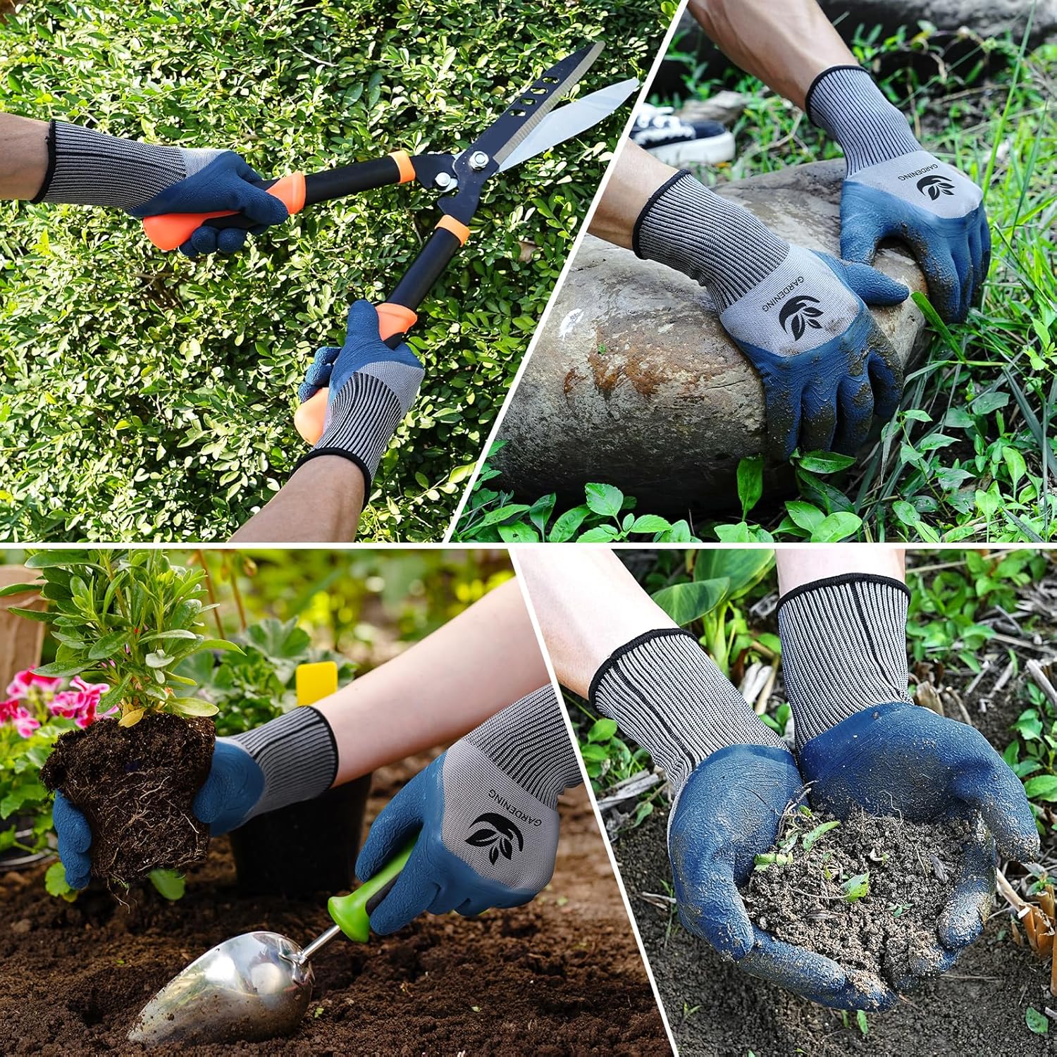 Trifabricy Garden Gloves for Women Men - 6 Pairs Breathable Hard-wearing Latex Coated Gardening Gloves for Women. Indoor/Outdoor Protective Working Gloves with Grip. Blue & Grey